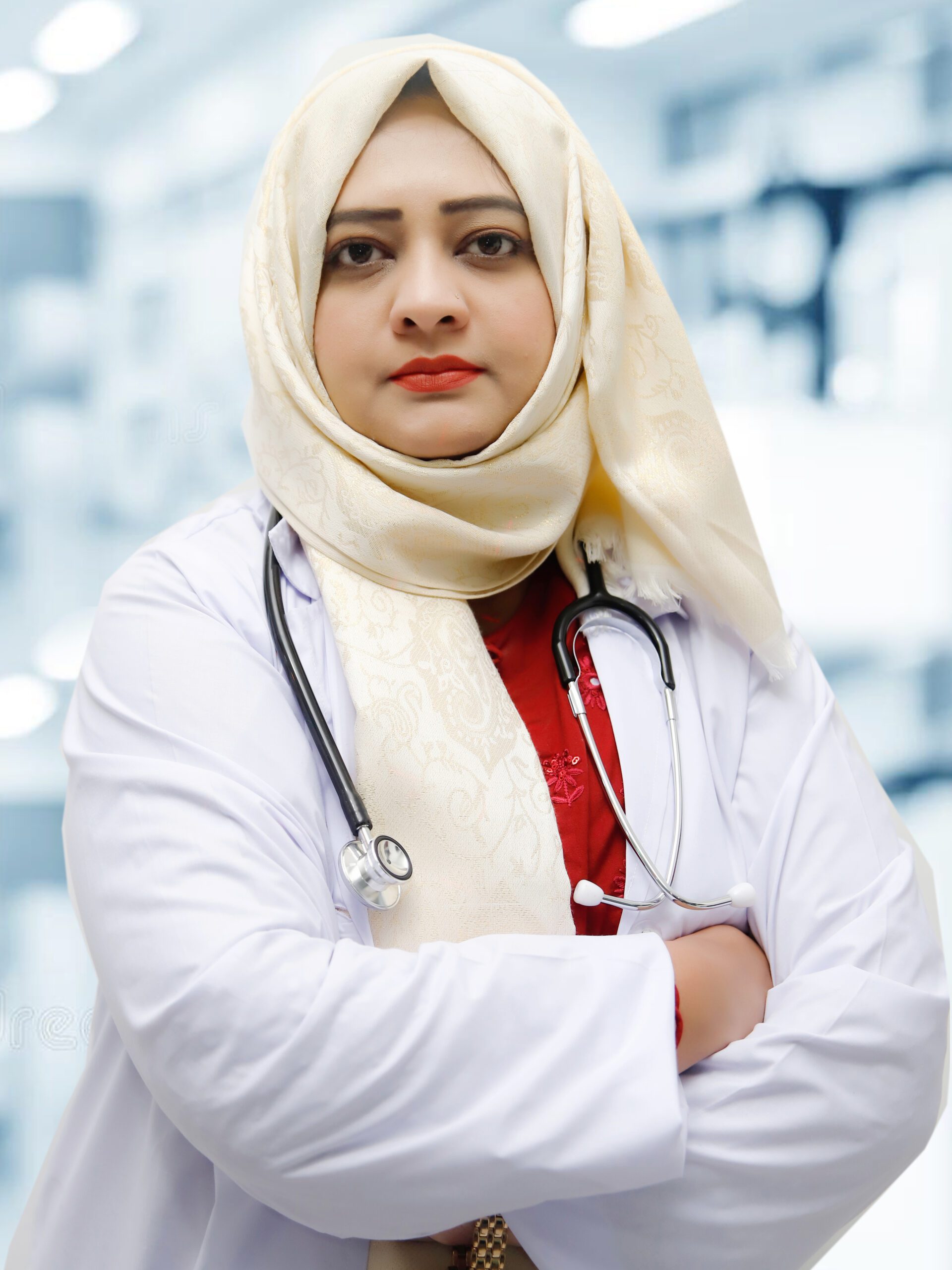 A woman in a white coat and scarf, Dr. Sana Majeed, a consultant specializing in Autism and ADHD treatment.