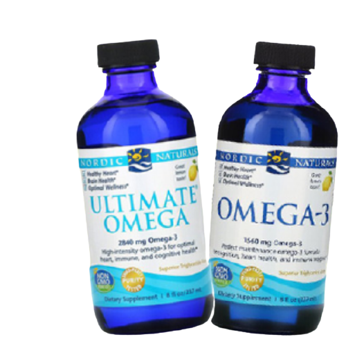 Omega 3 & 6 supplement syrup bottle labeled as Ultimate Omega, emphasizing its role in promoting overall well-being